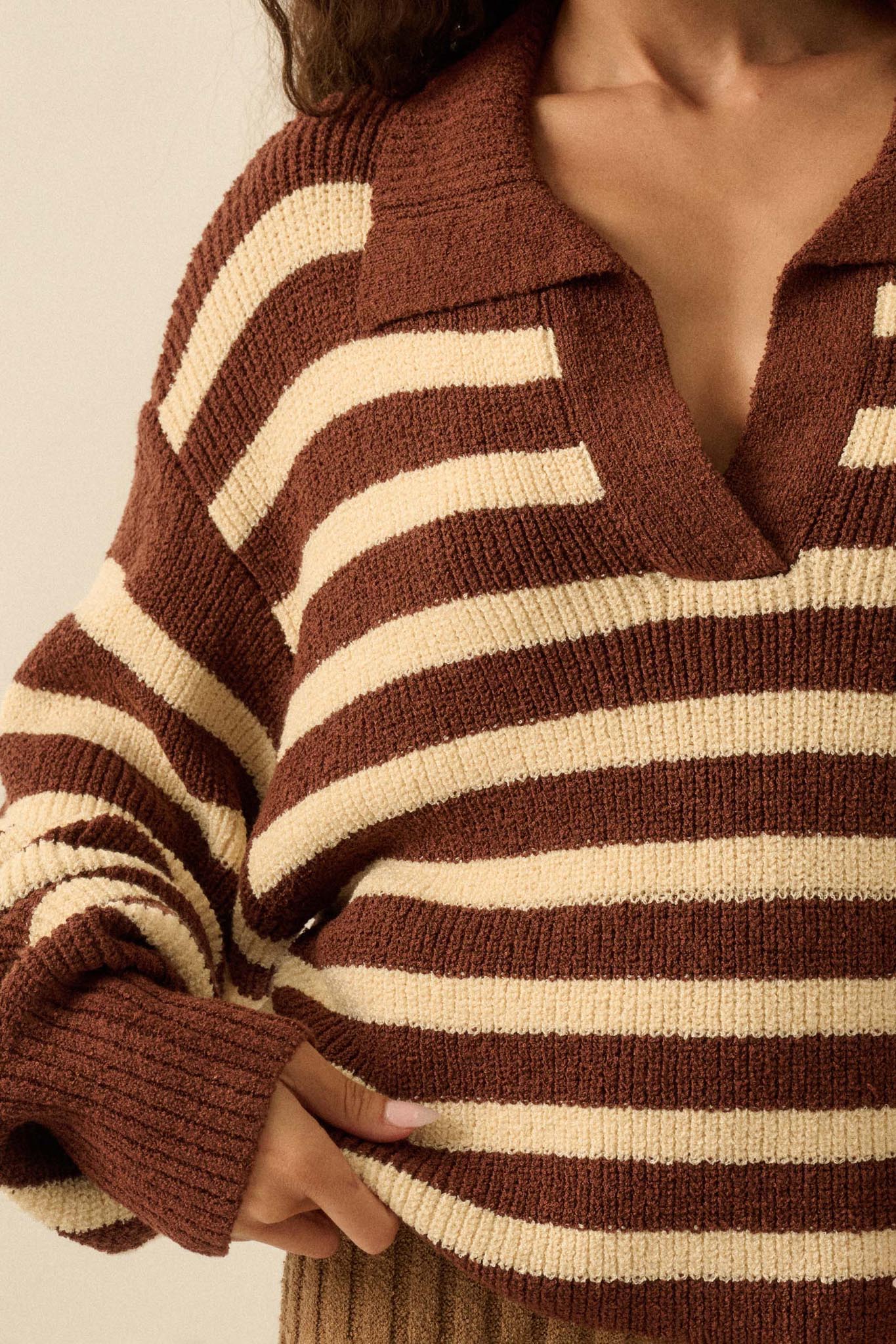 Promise the Label Striped Rib-Knit Collared Sweater - ShopPromesa