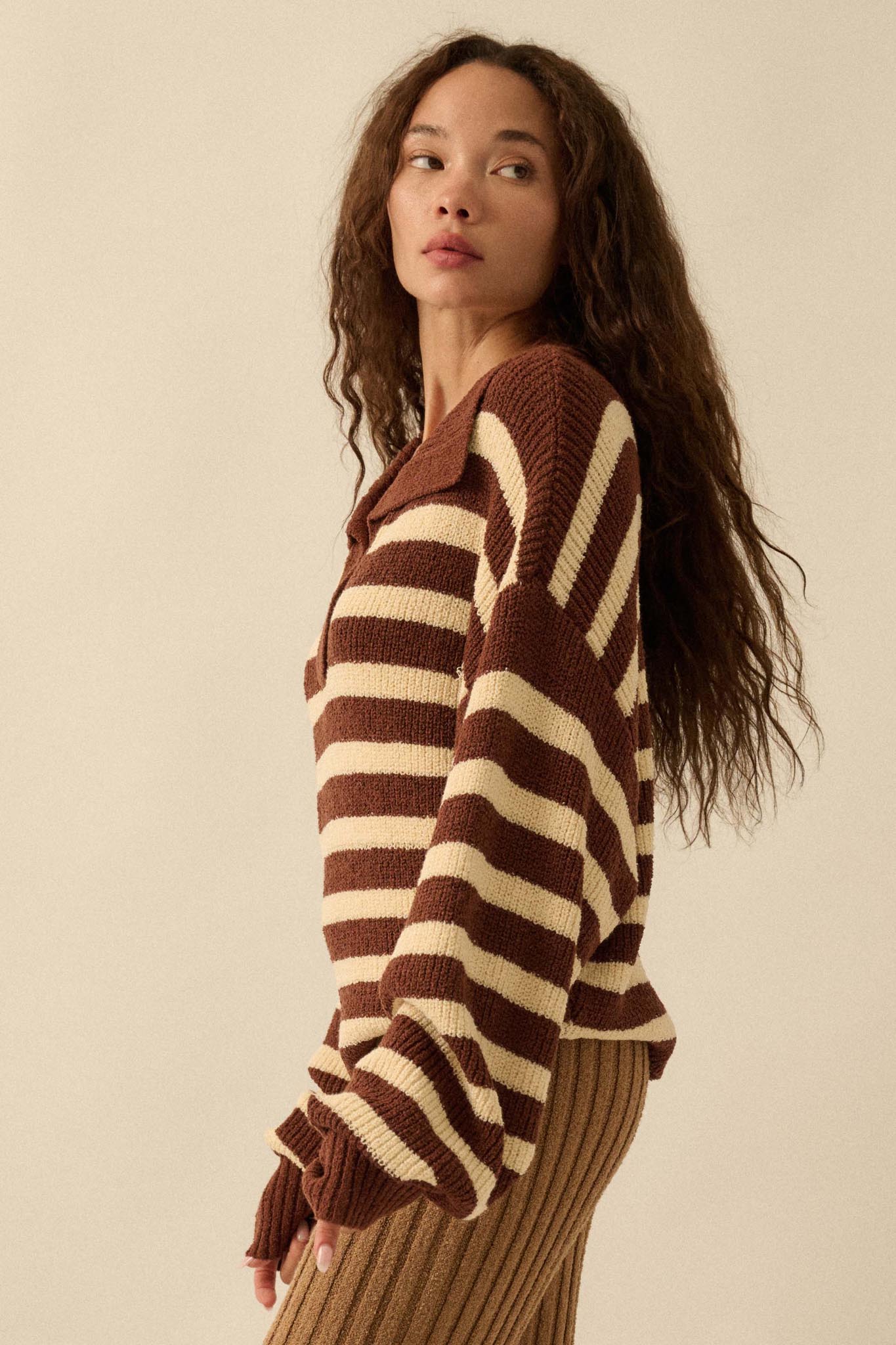 Promise the Label Striped Rib-Knit Collared Sweater - ShopPromesa