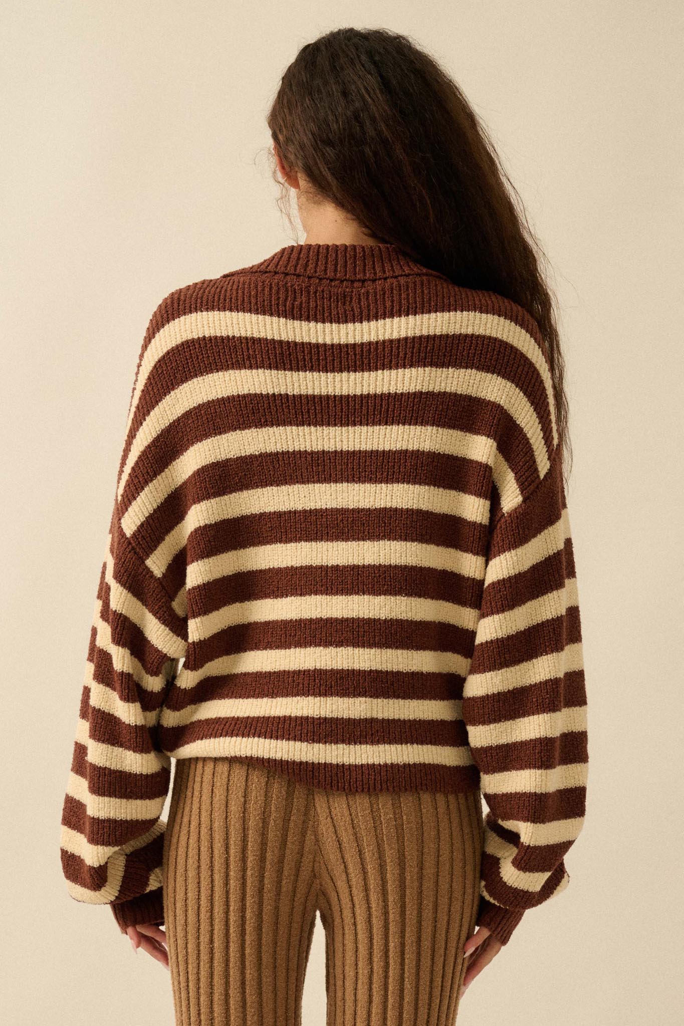 Promise the Label Striped Rib-Knit Collared Sweater - ShopPromesa