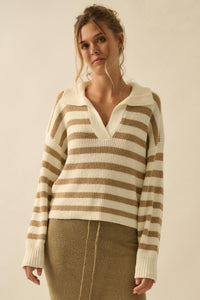 Promise the Label Striped Rib-Knit Collared Sweater - ShopPromesa