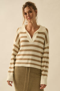 Promise the Label Striped Rib-Knit Collared Sweater - ShopPromesa