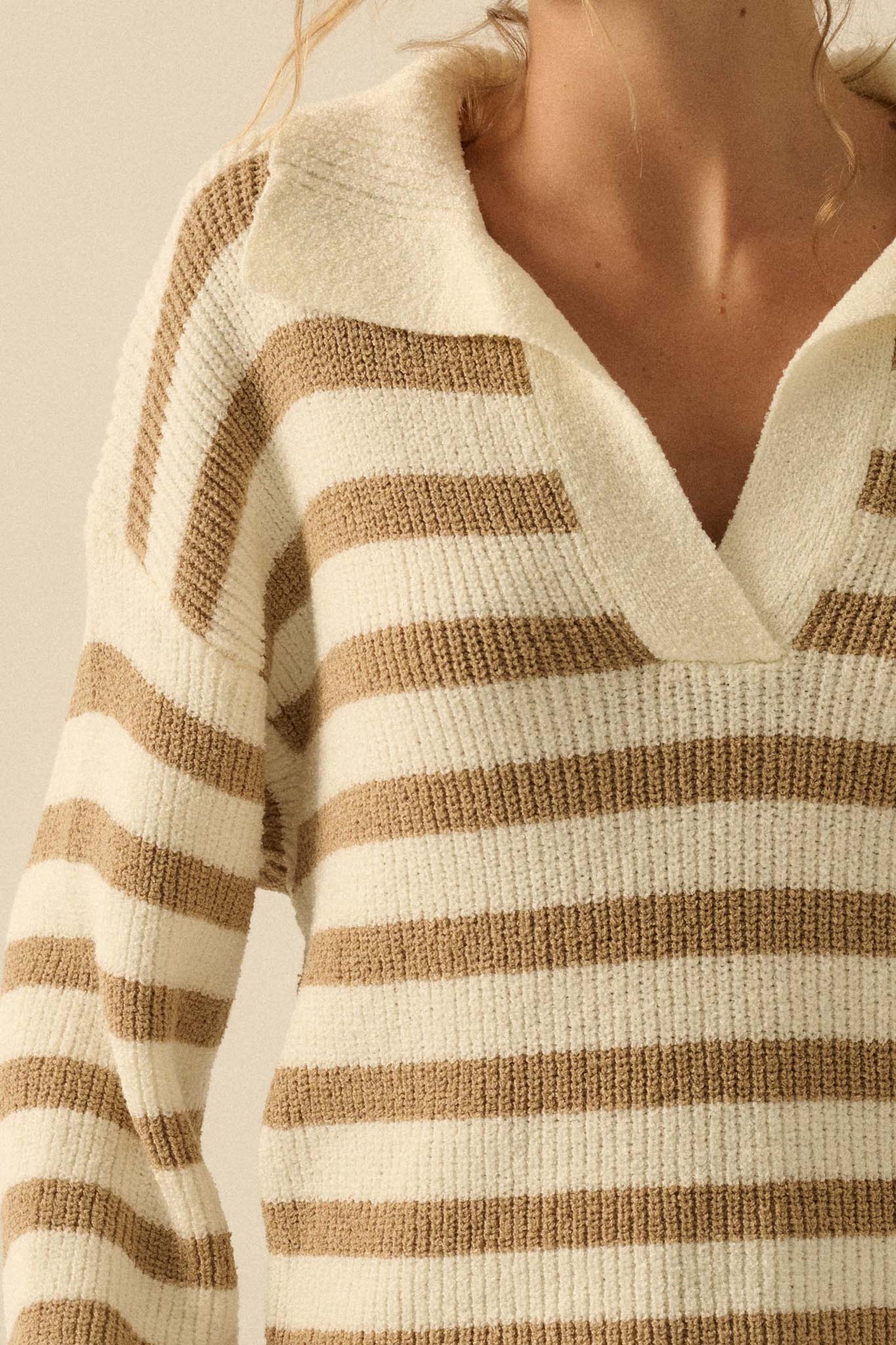 Promise the Label Striped Rib-Knit Collared Sweater - ShopPromesa
