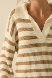 Promise the Label Striped Rib-Knit Collared Sweater - ShopPromesa