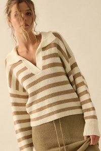 Promise the Label Striped Rib-Knit Collared Sweater - ShopPromesa