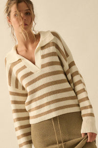 Promise the Label Striped Rib-Knit Collared Sweater - ShopPromesa