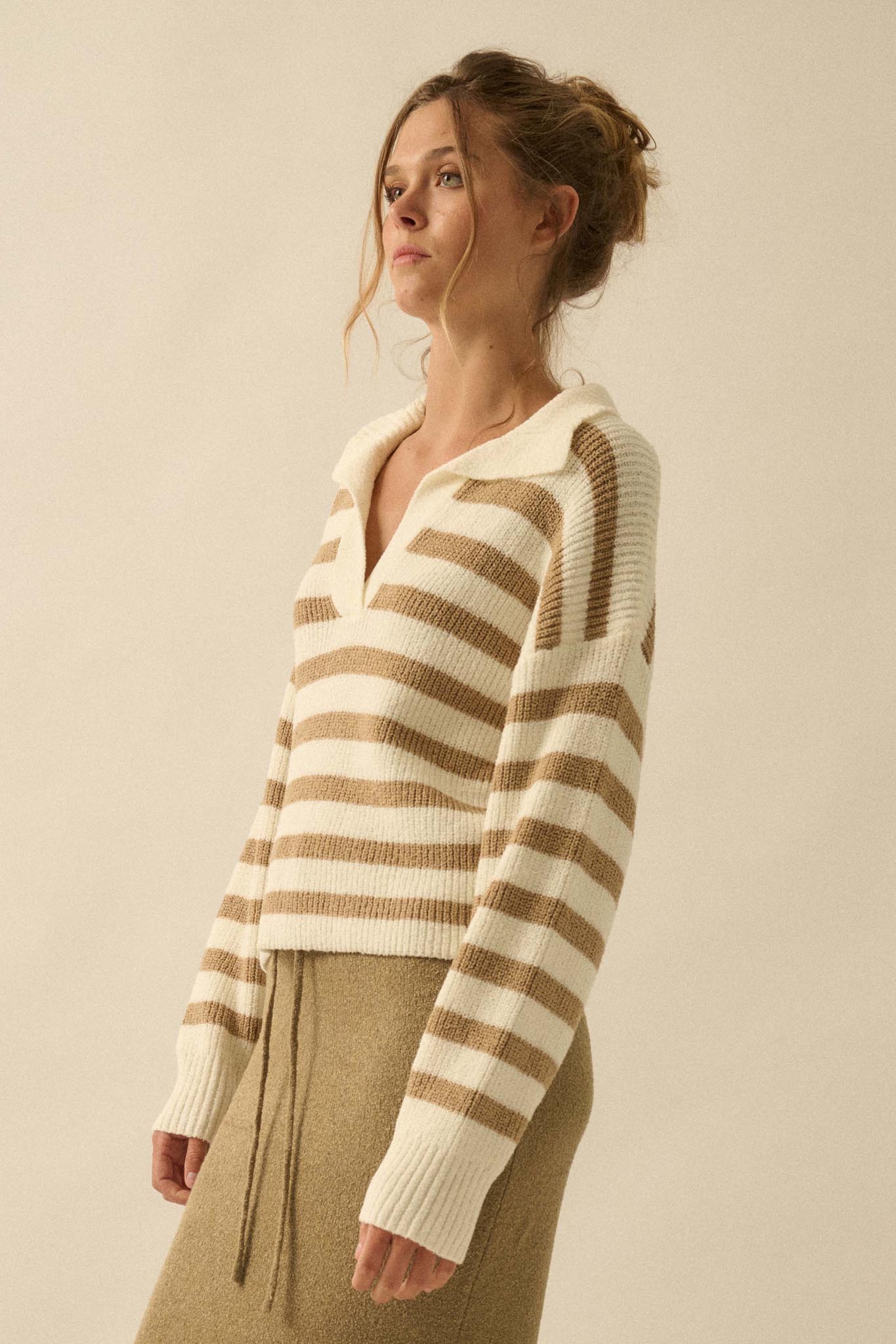 Promise the Label Striped Rib-Knit Collared Sweater - ShopPromesa