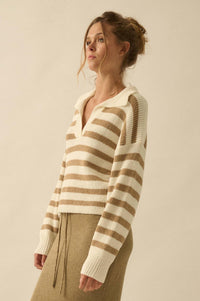 Promise the Label Striped Rib-Knit Collared Sweater - ShopPromesa
