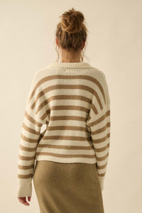 Promise the Label Striped Rib-Knit Collared Sweater - ShopPromesa