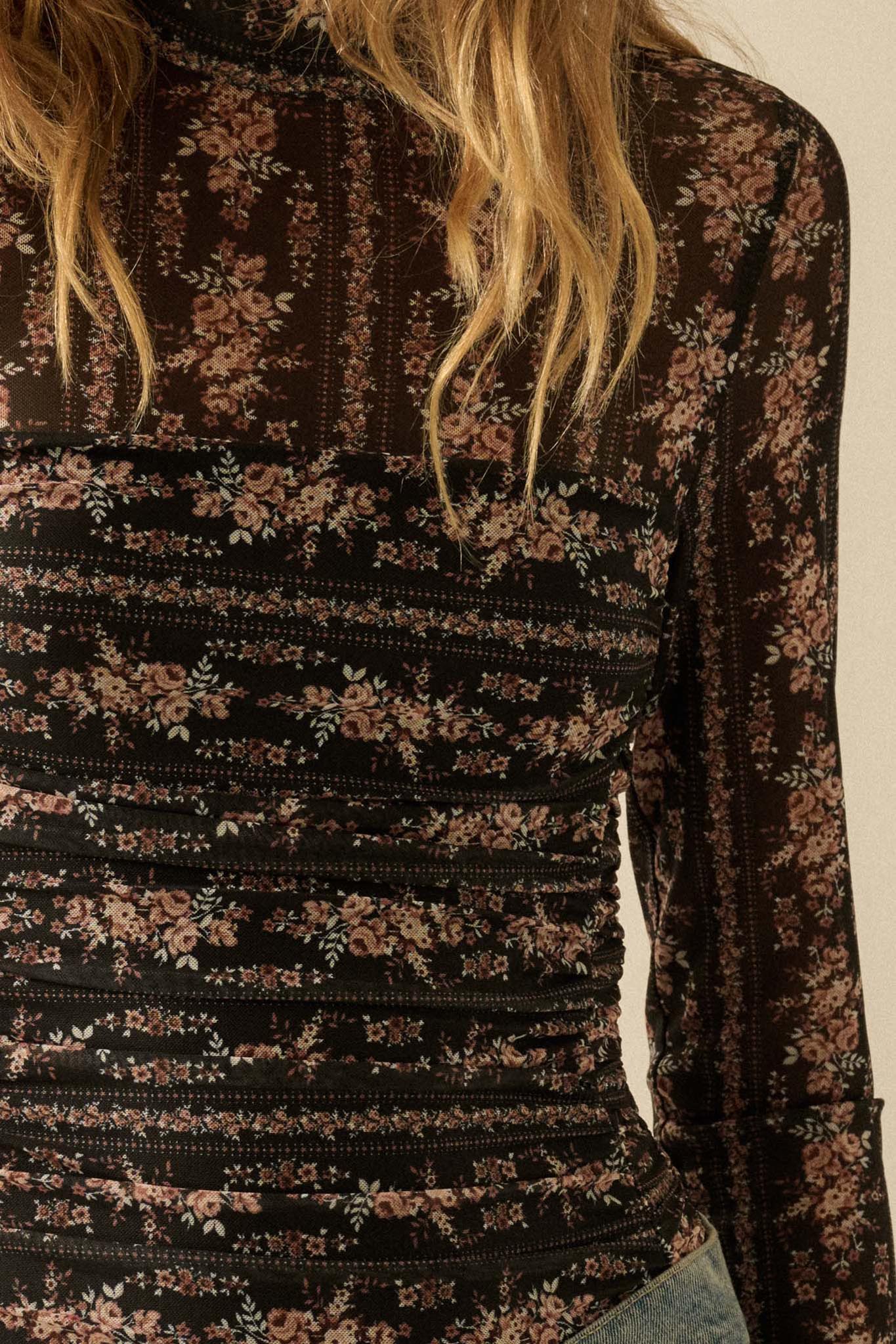 Petite Petals Floral Mesh Ruched Bodysuit - ShopPromesa