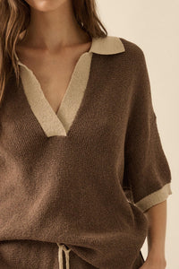 Take It Easy Contrast Knit Short-Sleeve Sweater - ShopPromesa