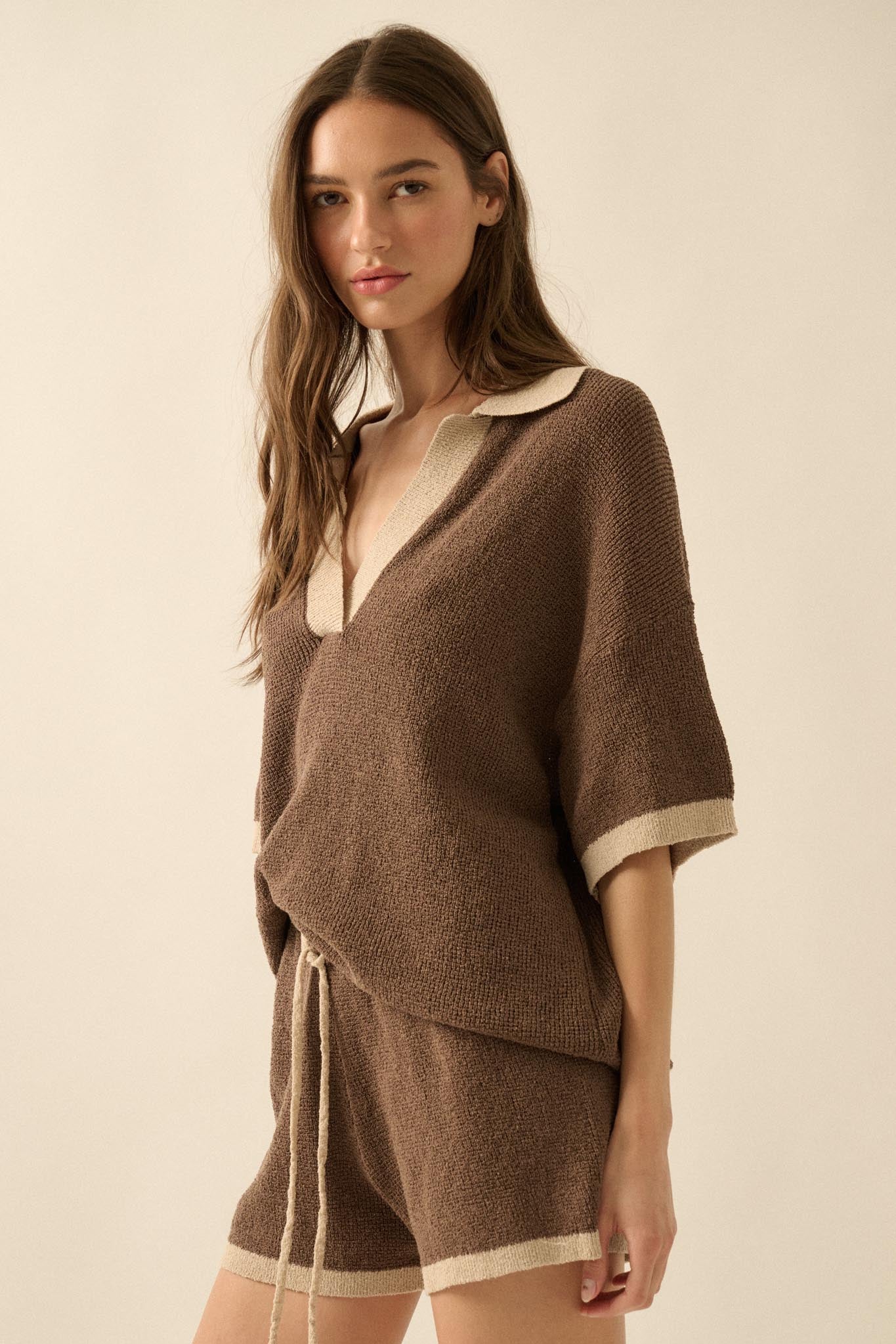 Take It Easy Contrast Knit Short-Sleeve Sweater