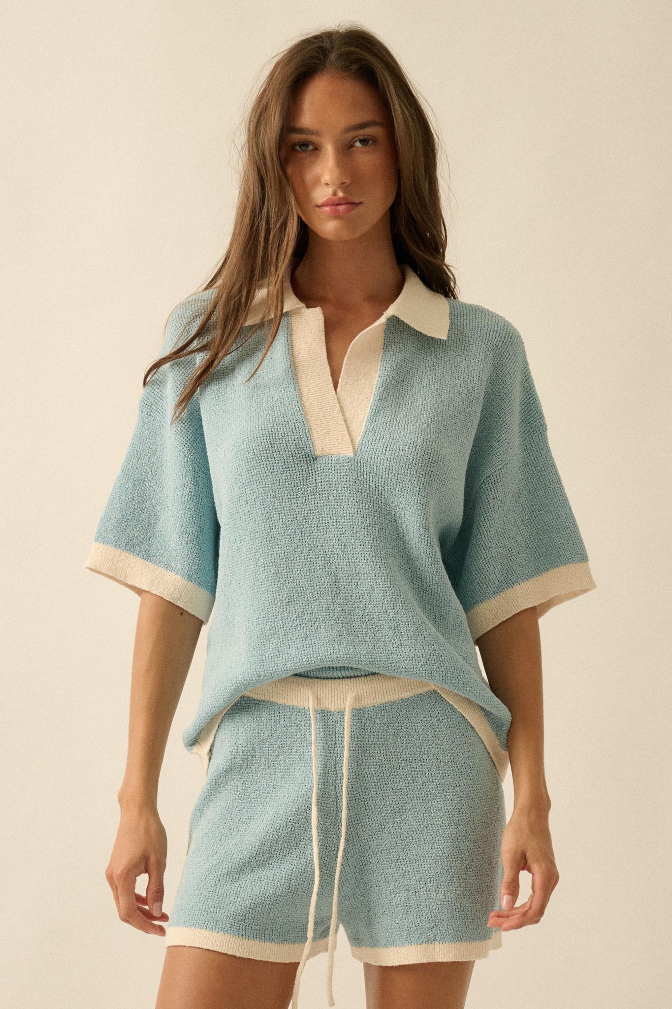 Take It Easy Contrast Knit Short-Sleeve Sweater