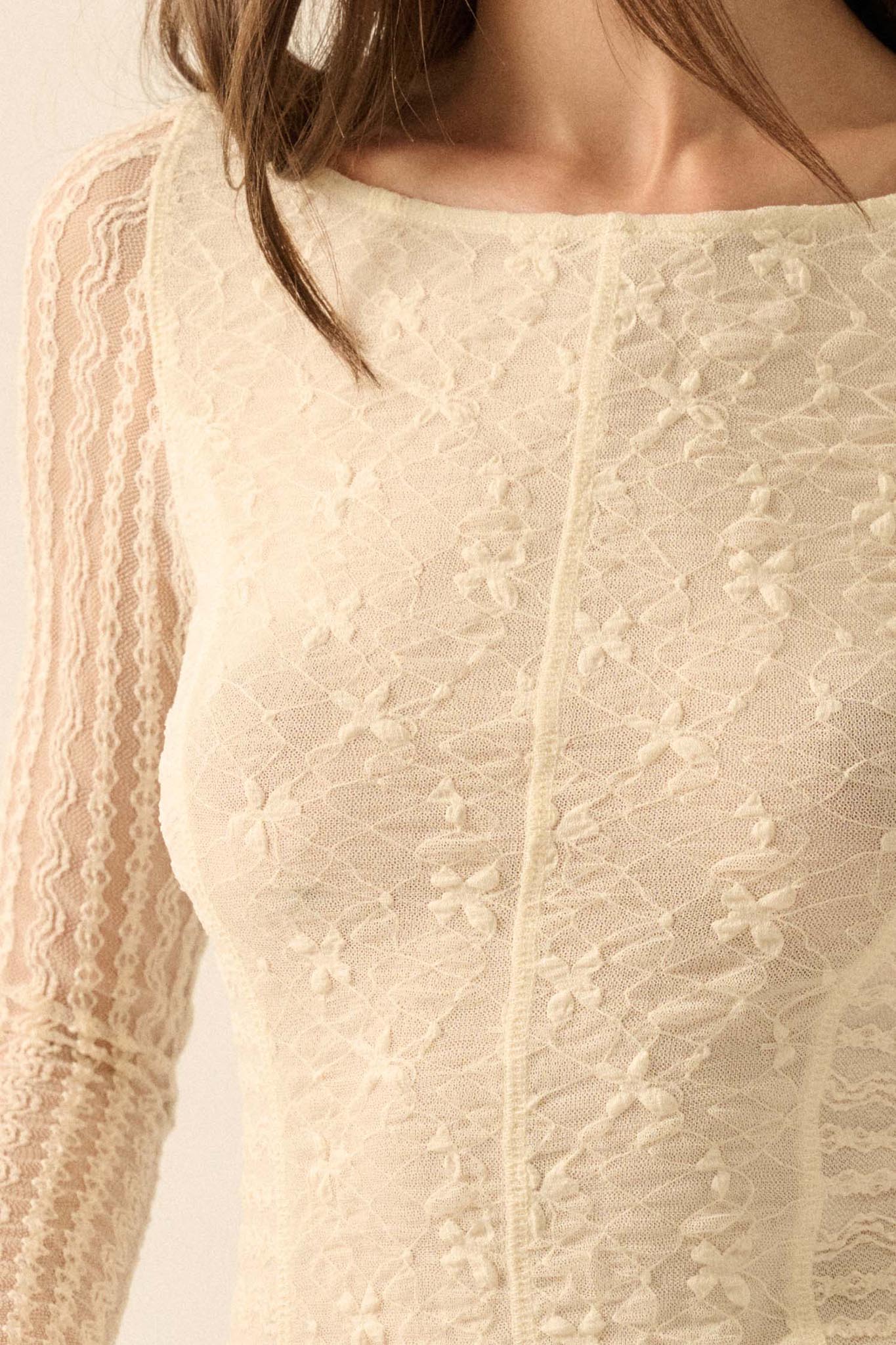 Divine Light Lace Long-Sleeve Boatneck Bodysuit - ShopPromesa