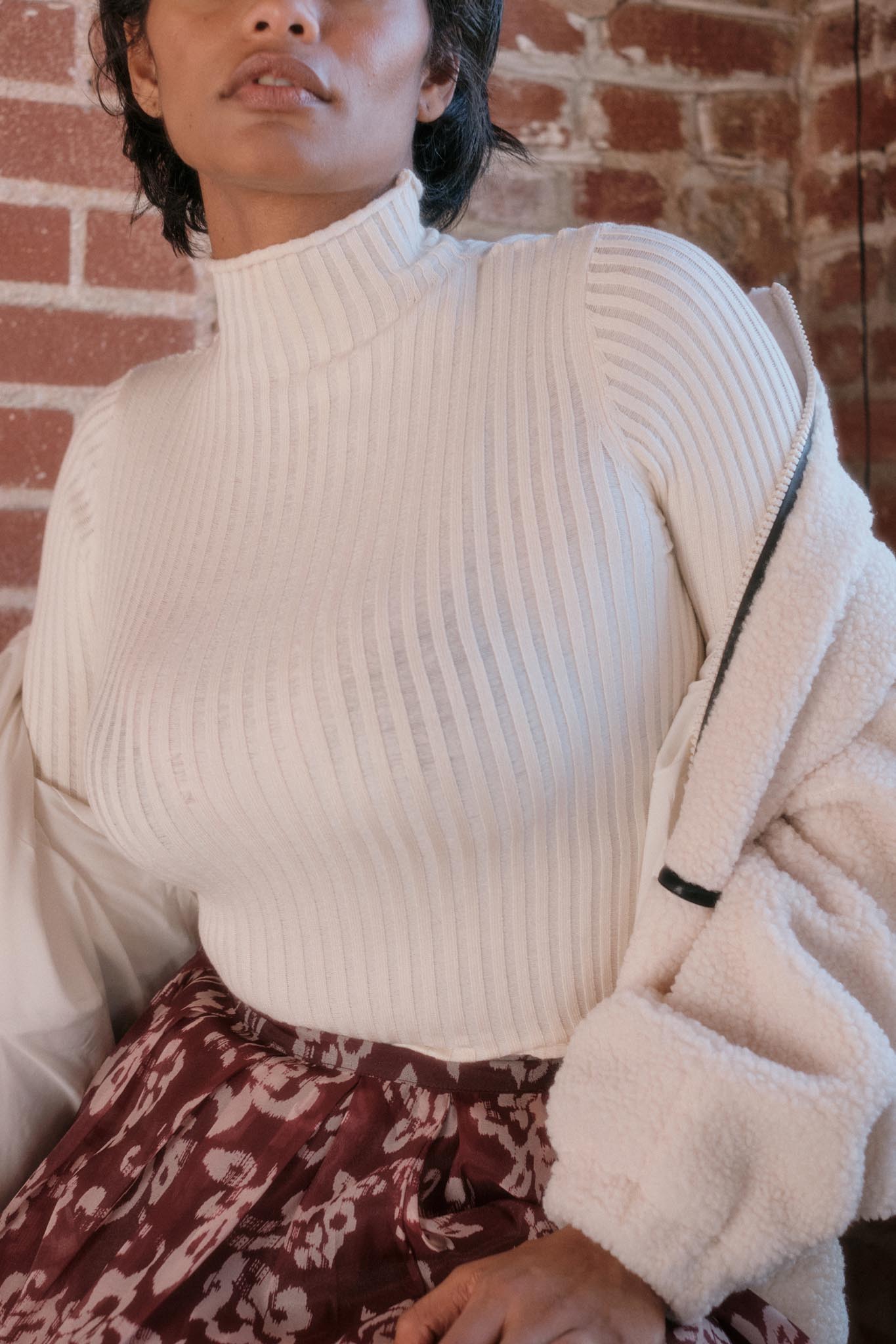 Finer Things Semi-Sheer Rib-Knit Mock-Neck Top