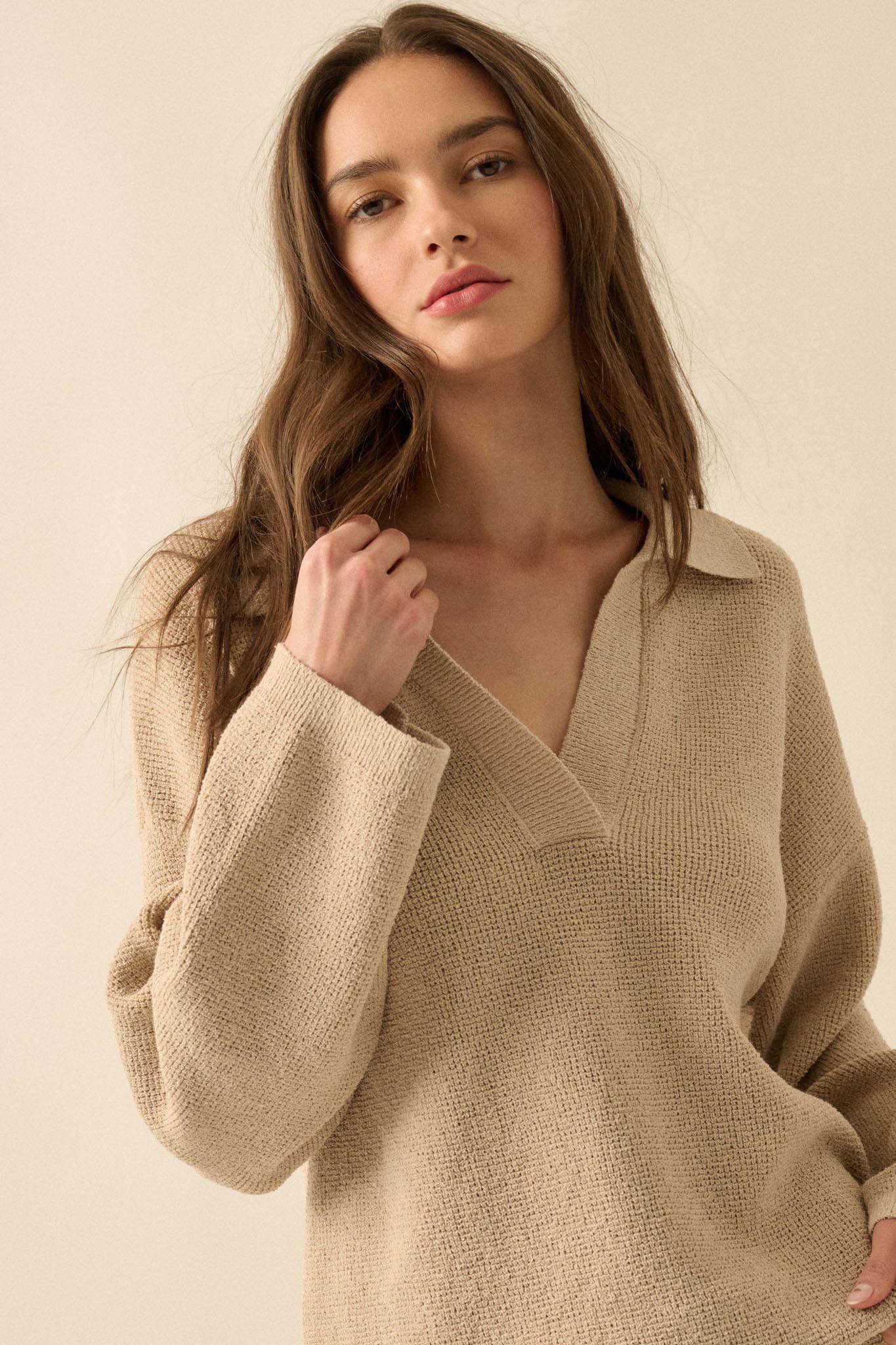 Looking Good Textured Knit Collared V-Neck Sweater - ShopPromesa