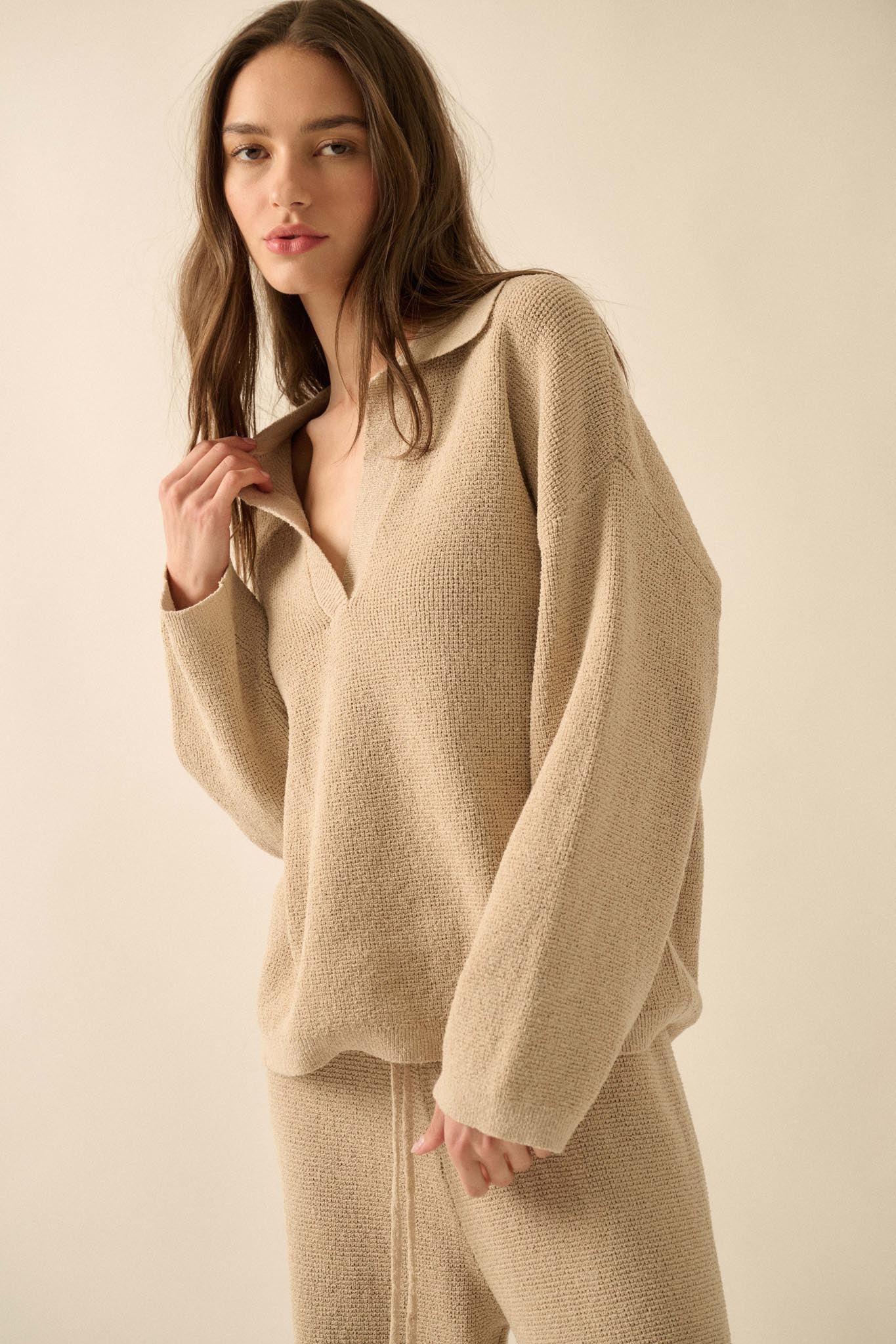 Looking Good Textured Knit Collared V-Neck Sweater - ShopPromesa