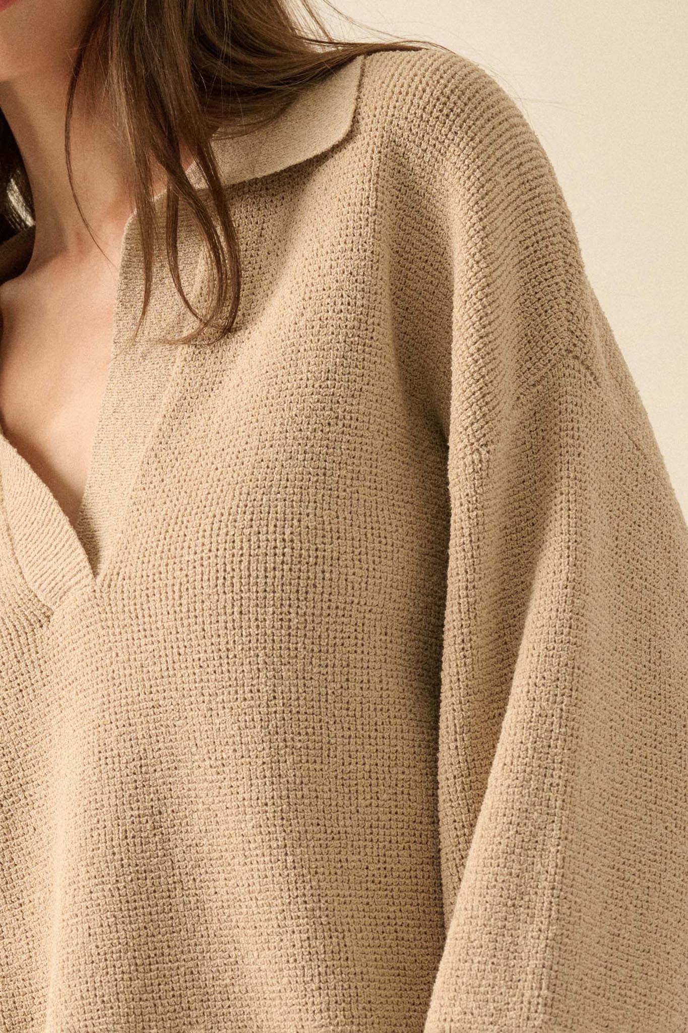 Looking Good Textured Knit Collared V-Neck Sweater - ShopPromesa