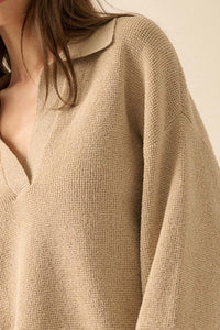 Looking Good Textured Knit Collared V-Neck Sweater - ShopPromesa