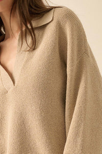 Looking Good Textured Knit Collared V-Neck Sweater - ShopPromesa
