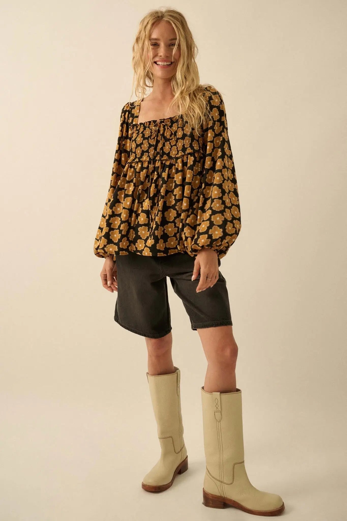 Bygone Blossoms Floral Smocked Babydoll Peasant Top - ShopPromesa