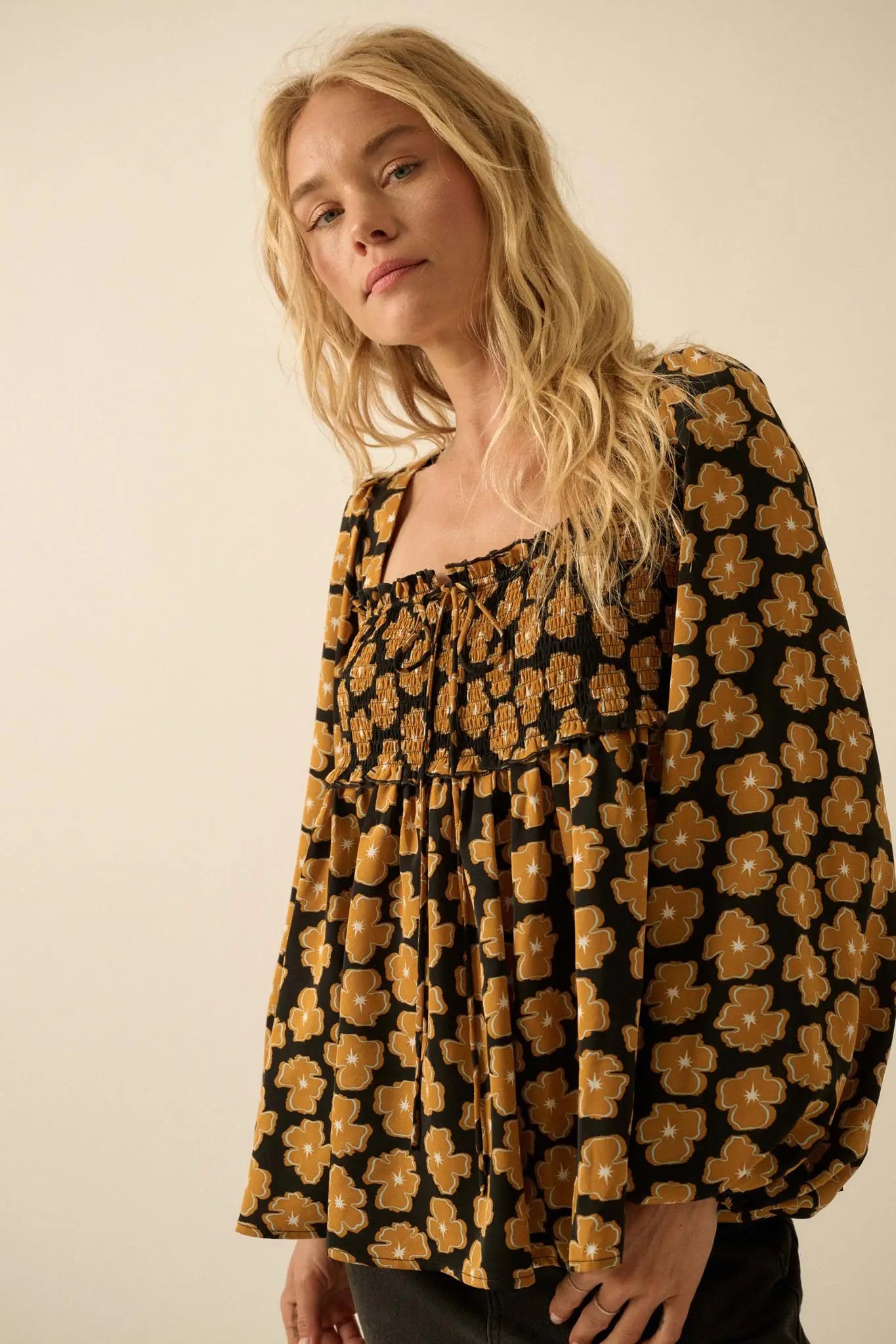 Bygone Blossoms Floral Smocked Babydoll Peasant Top - ShopPromesa