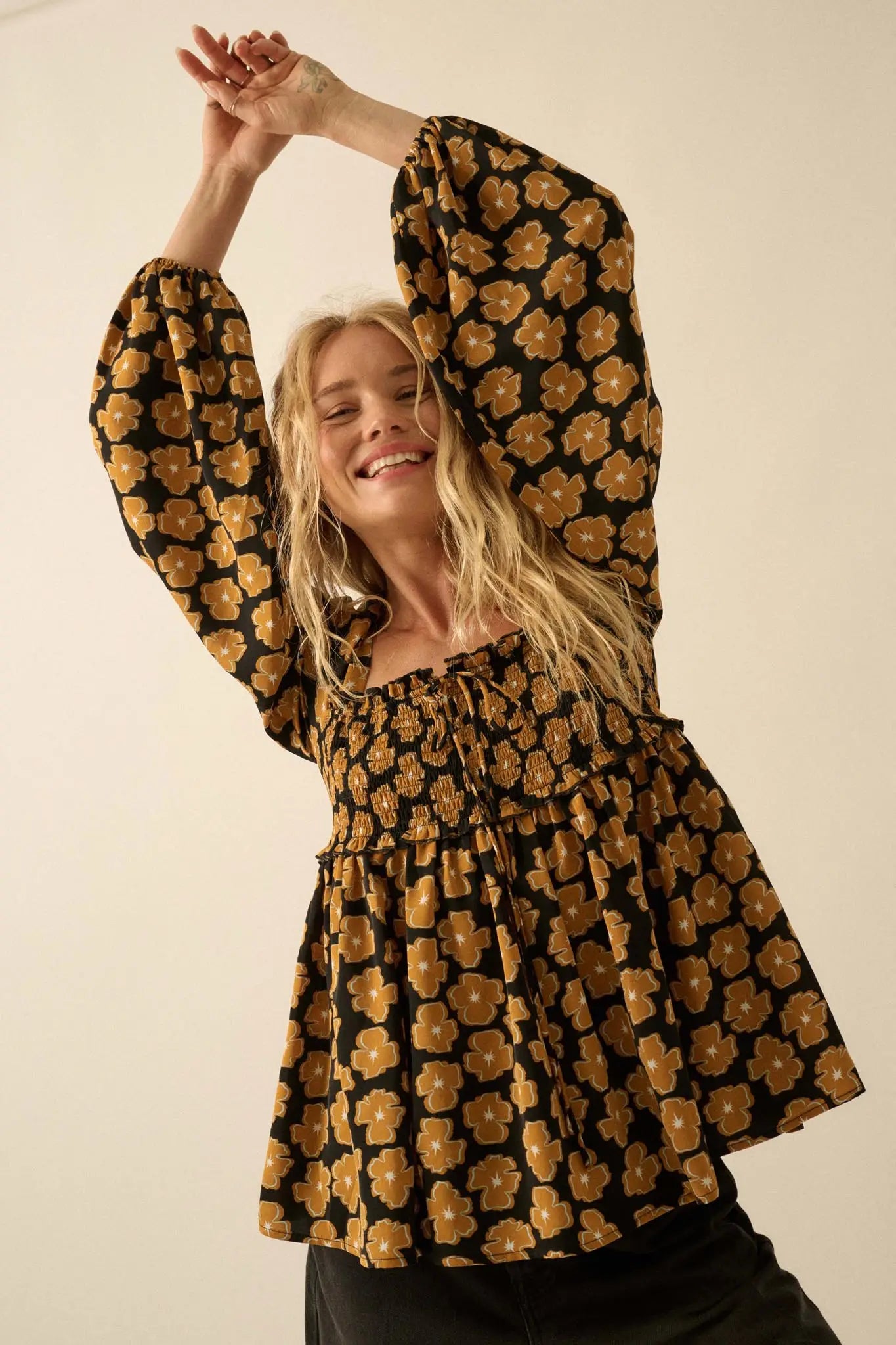 Bygone Blossoms Floral Smocked Babydoll Peasant Top - ShopPromesa