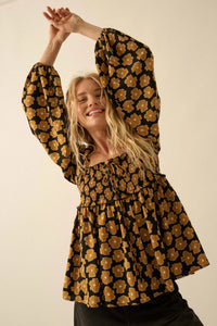 Bygone Blossoms Floral Smocked Babydoll Peasant Top - ShopPromesa