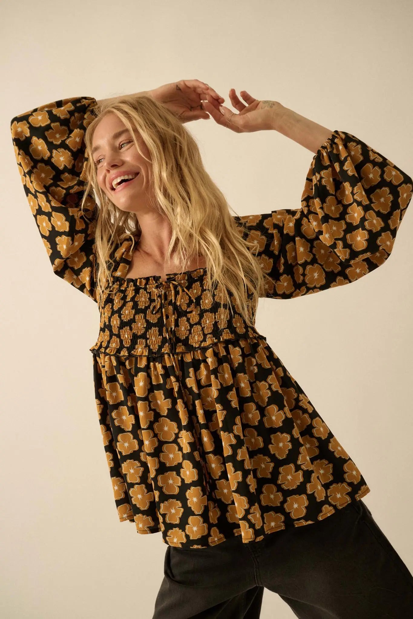 Bygone Blossoms Floral Smocked Babydoll Peasant Top - ShopPromesa