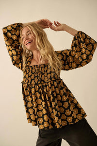 Bygone Blossoms Floral Smocked Babydoll Peasant Top - ShopPromesa