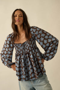 Bygone Blossoms Floral Smocked Babydoll Peasant Top - ShopPromesa
