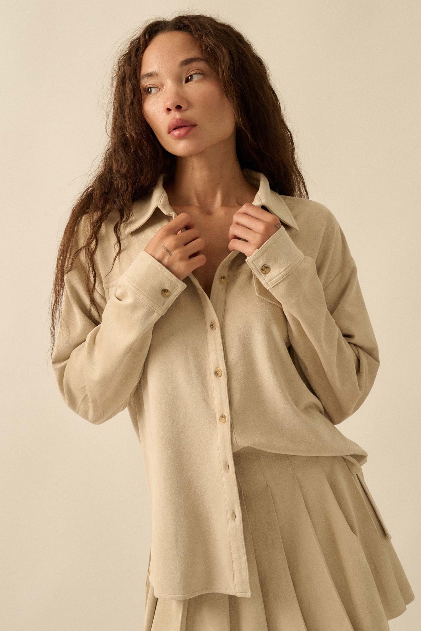 Soft Launch Vegan Suede Button-Up Shirt - ShopPromesa