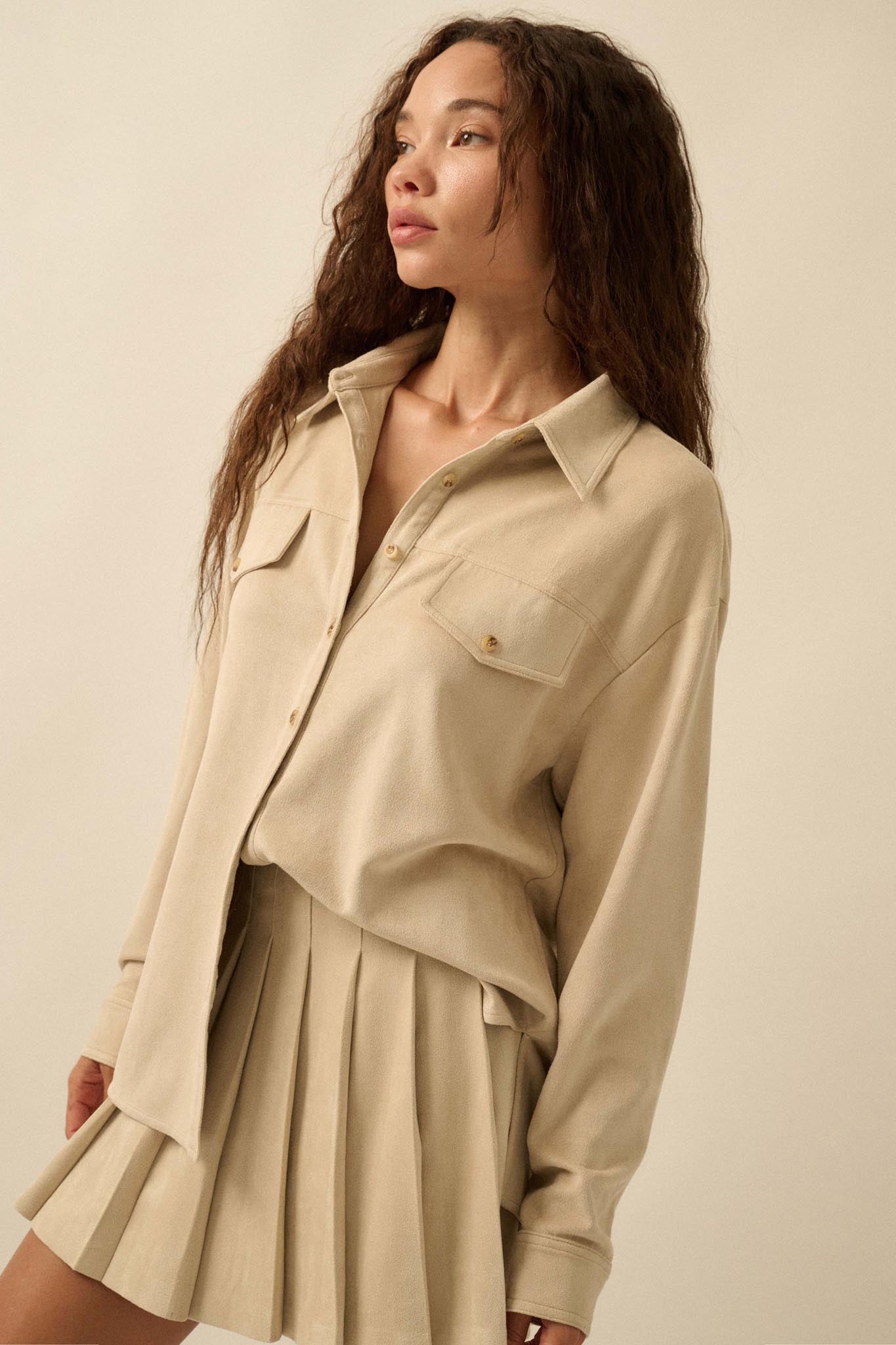 Soft Launch Vegan Suede Button-Up Shirt - ShopPromesa