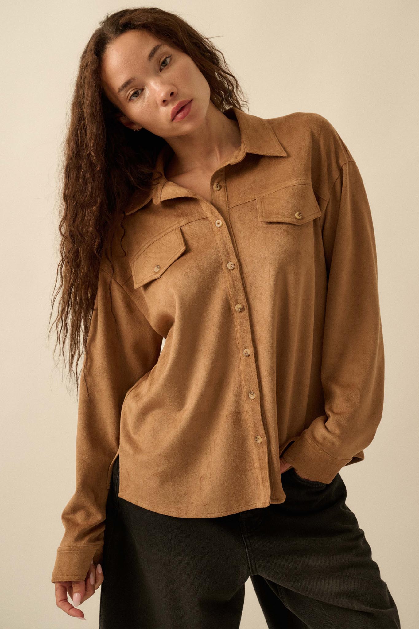 Soft Launch Vegan Suede Button-Up Shirt - ShopPromesa