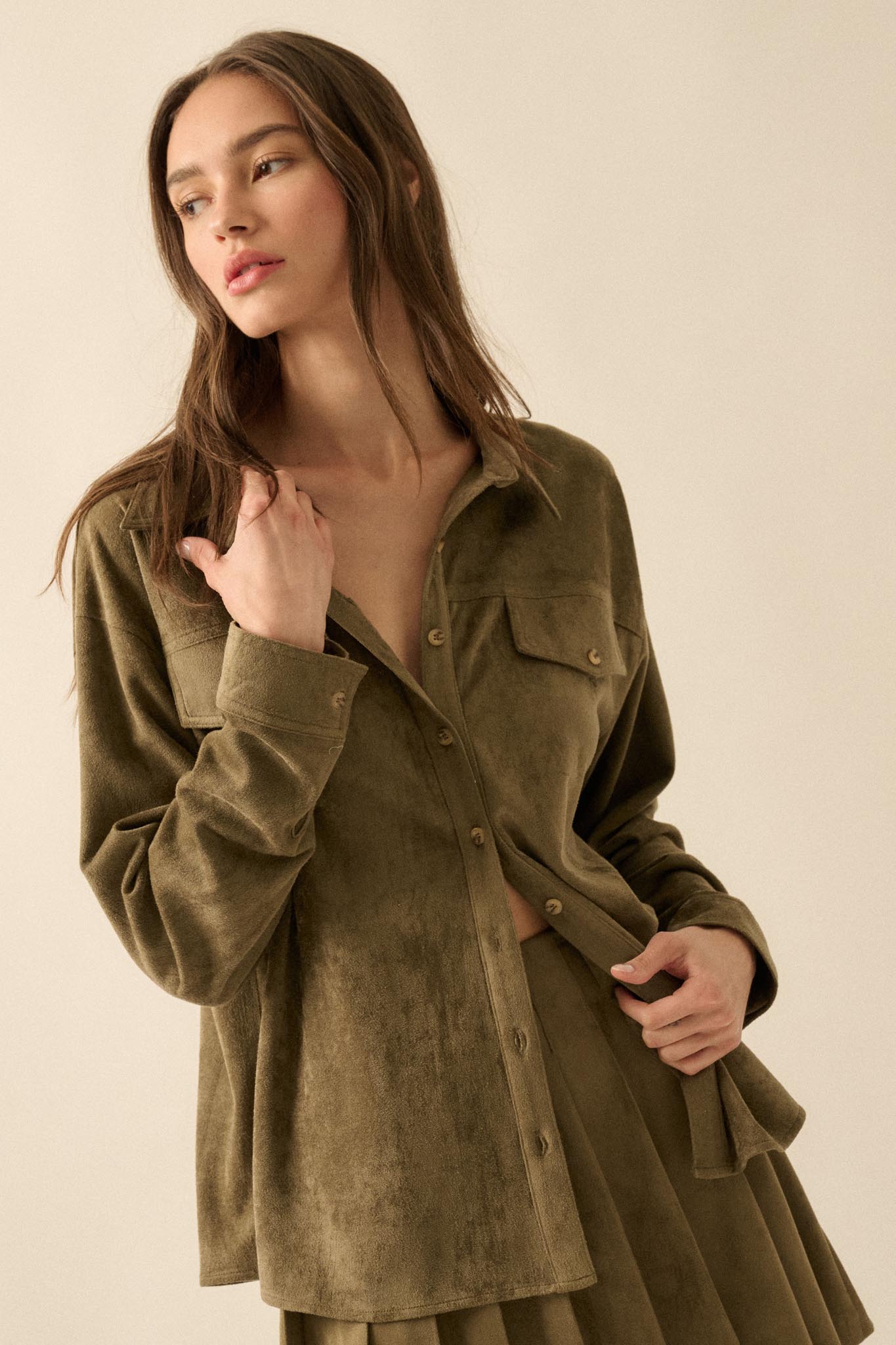 Soft Launch Vegan Suede Button-Up Shirt - ShopPromesa