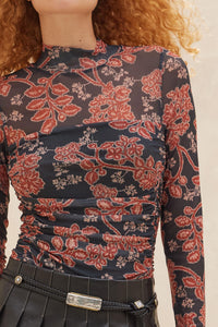 Baroque Blooms Floral Mesh Ruched Bodysuit - ShopPromesa