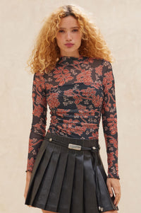 Baroque Blooms Floral Mesh Ruched Bodysuit - ShopPromesa