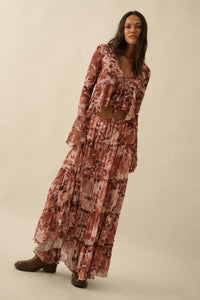 Sublime Blooms Floral Mesh Tied Bell-Sleeve Top - ShopPromesa