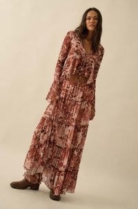 Sublime Blooms Floral Mesh Tied Bell-Sleeve Top - ShopPromesa