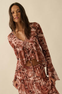Sublime Blooms Floral Mesh Tied Bell-Sleeve Top - ShopPromesa