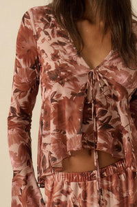 Sublime Blooms Floral Mesh Tied Bell-Sleeve Top - ShopPromesa