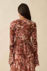 Sublime Blooms Floral Mesh Tied Bell-Sleeve Top - ShopPromesa