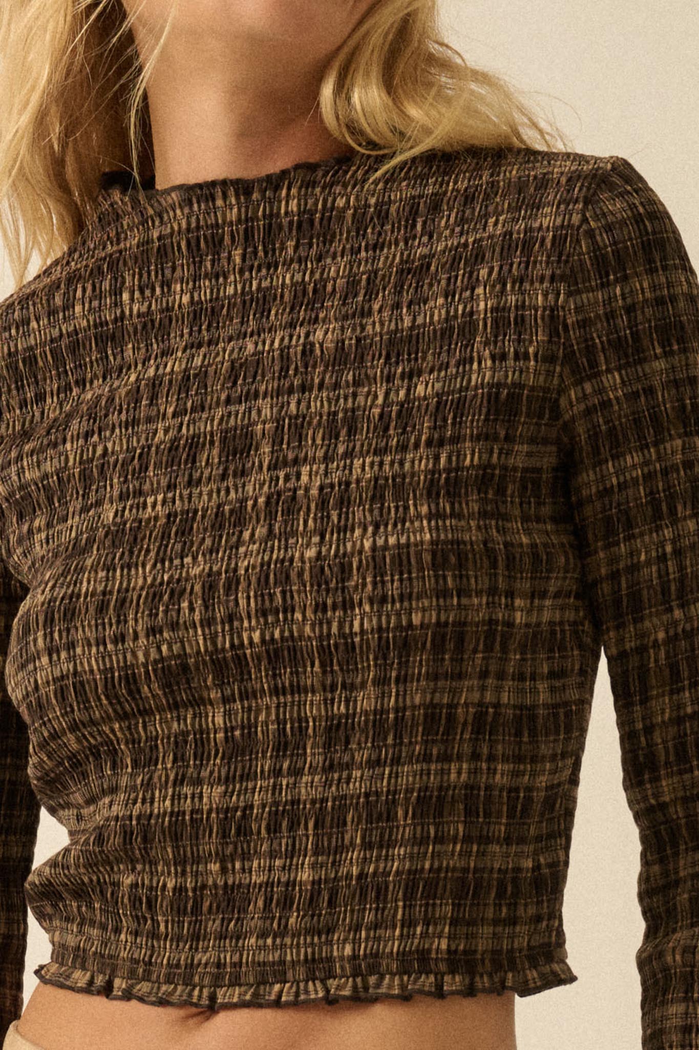 Plaid Day Smocked Plaid Long-Sleeve Crop Top - ShopPromesa
