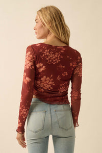 Spice It Up Floral Mesh Ruched Asymmetrical Top - ShopPromesa