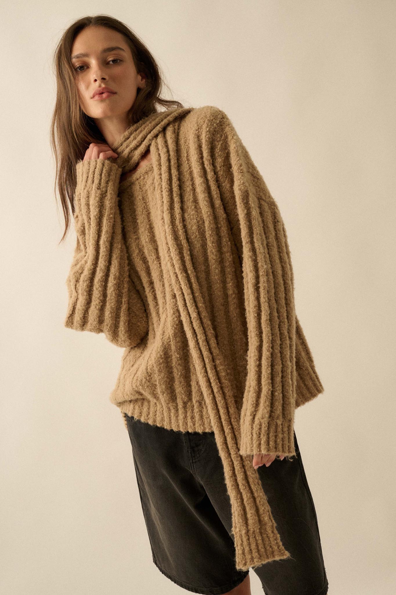 Keep Your Cool Textured Ribbed Knit Scarf Sweater - ShopPromesa