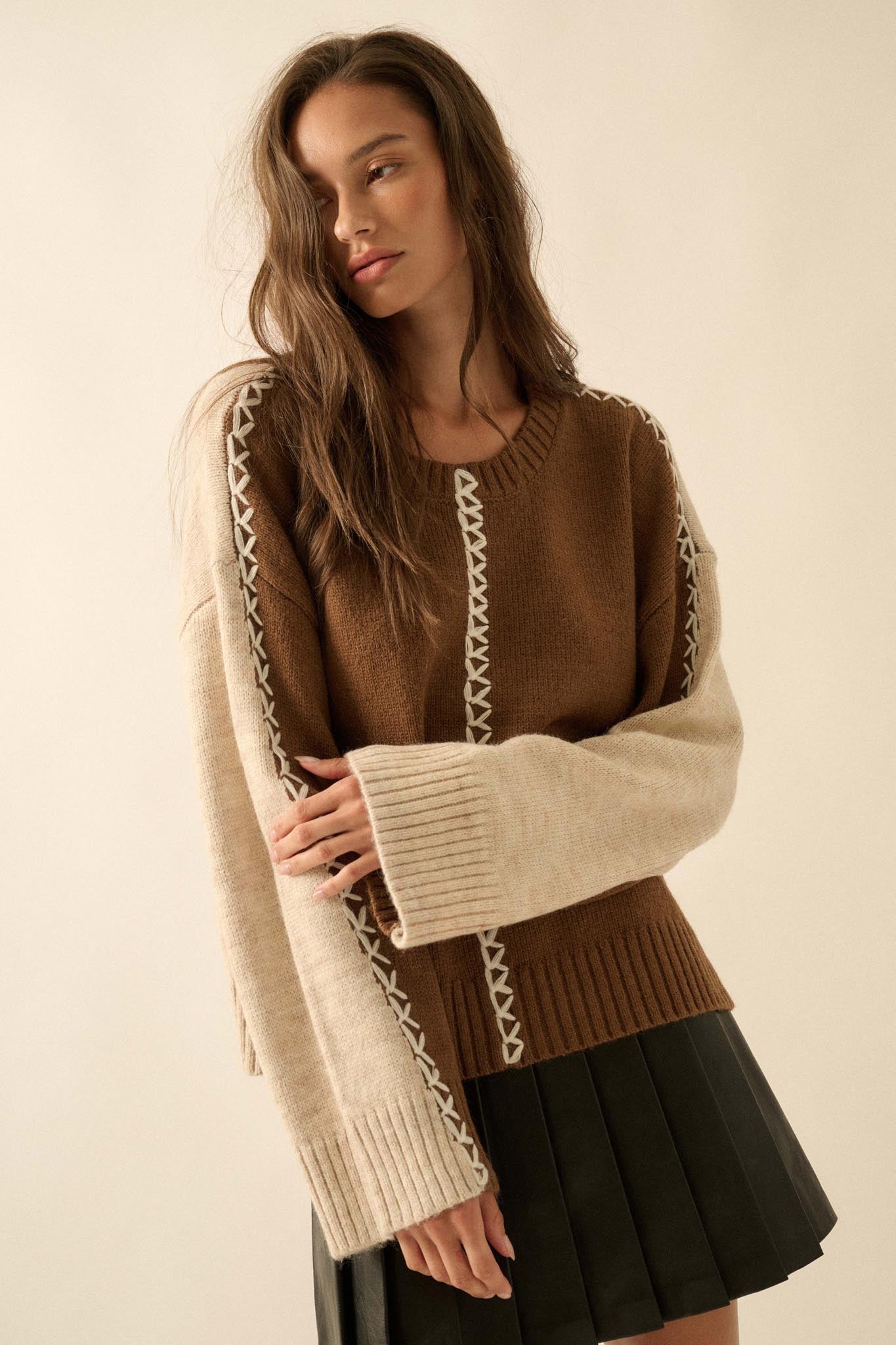 Look Twice Colorblock Stitch-Detail Sweater - ShopPromesa