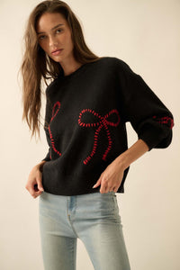Promise Me Bow-Embroidered Balloon-Sleeve Sweater - ShopPromesa