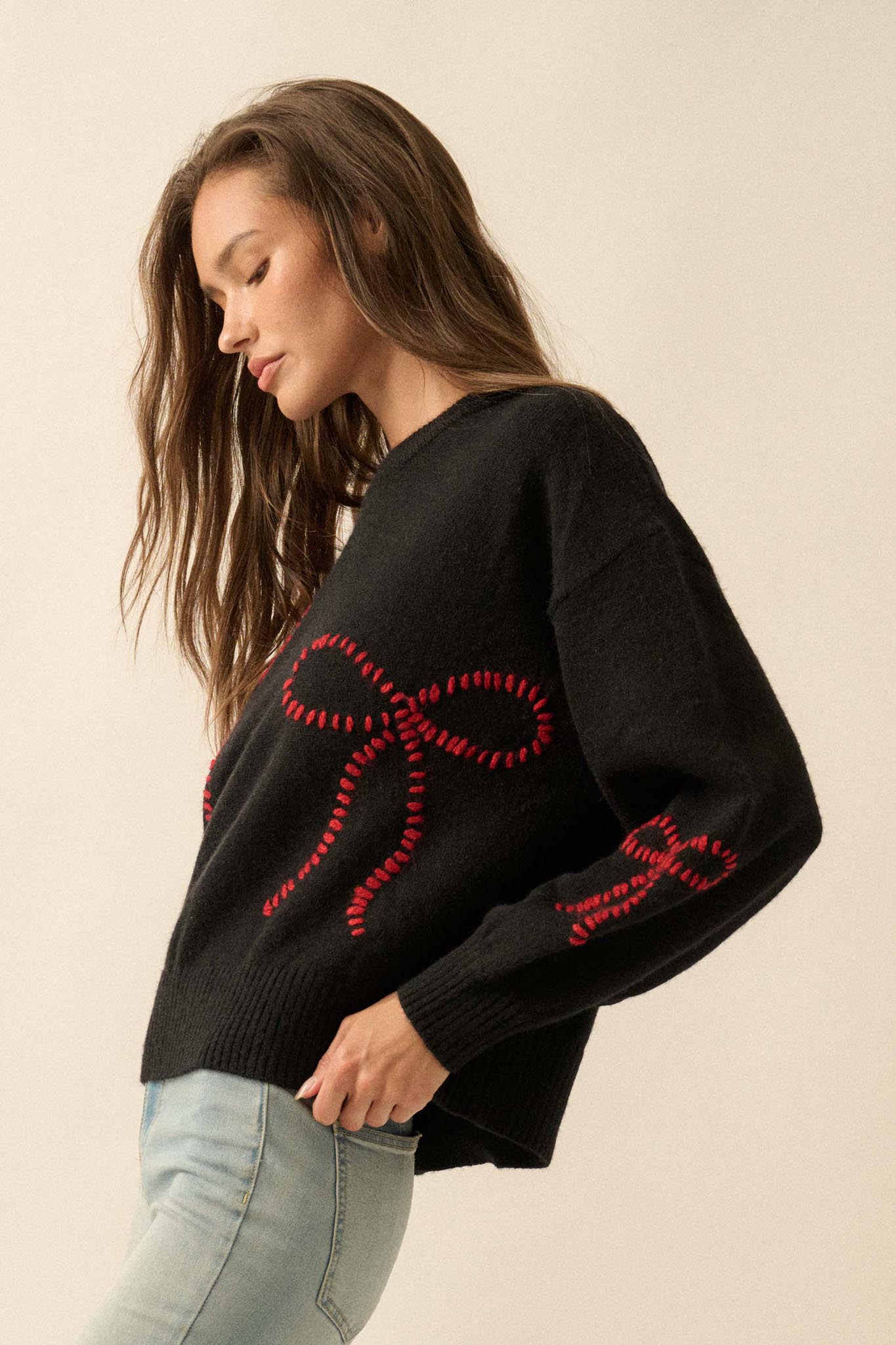 Promise Me Bow-Embroidered Balloon-Sleeve Sweater - ShopPromesa