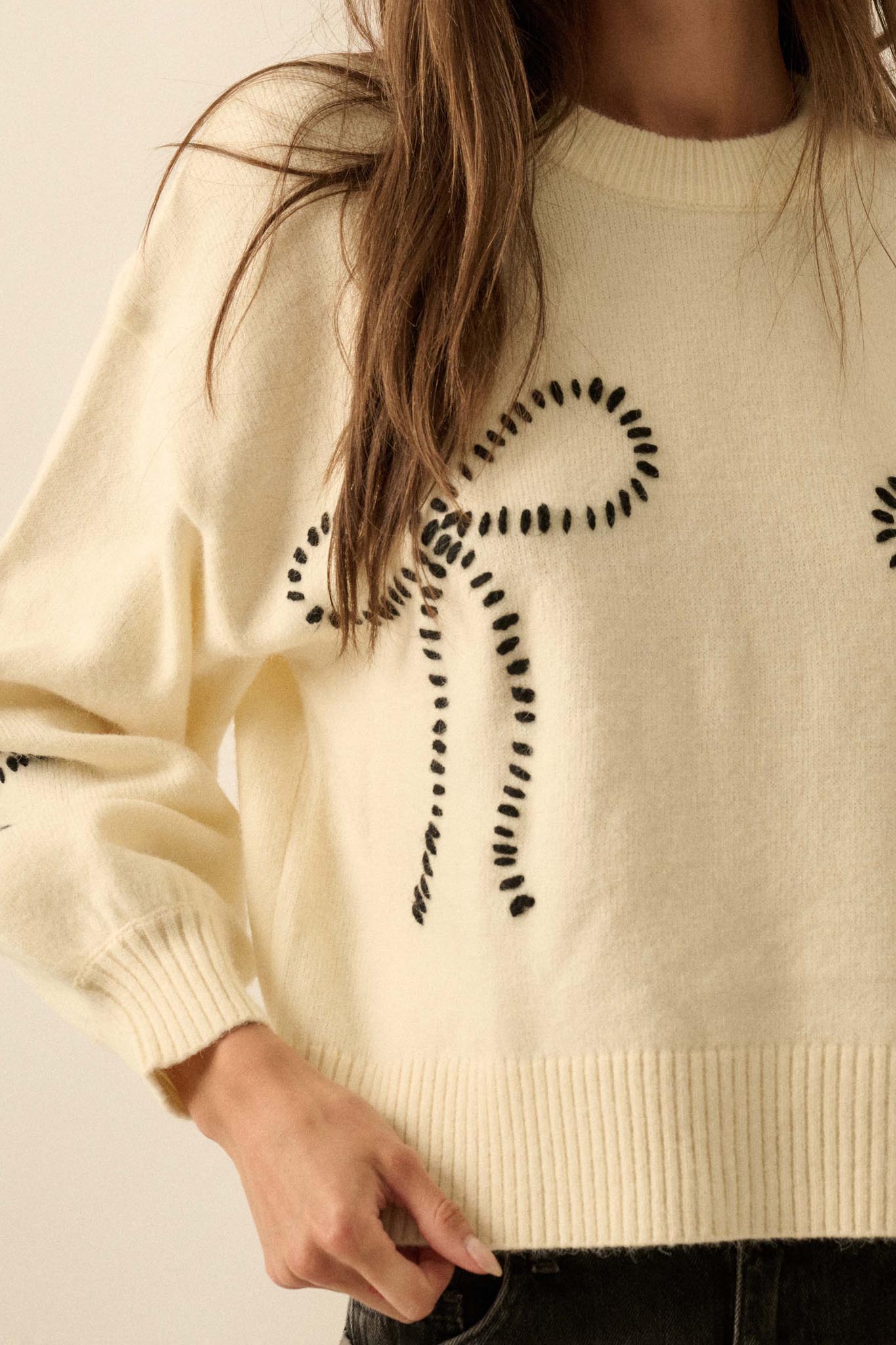 Promise Me Bow-Embroidered Balloon-Sleeve Sweater - ShopPromesa
