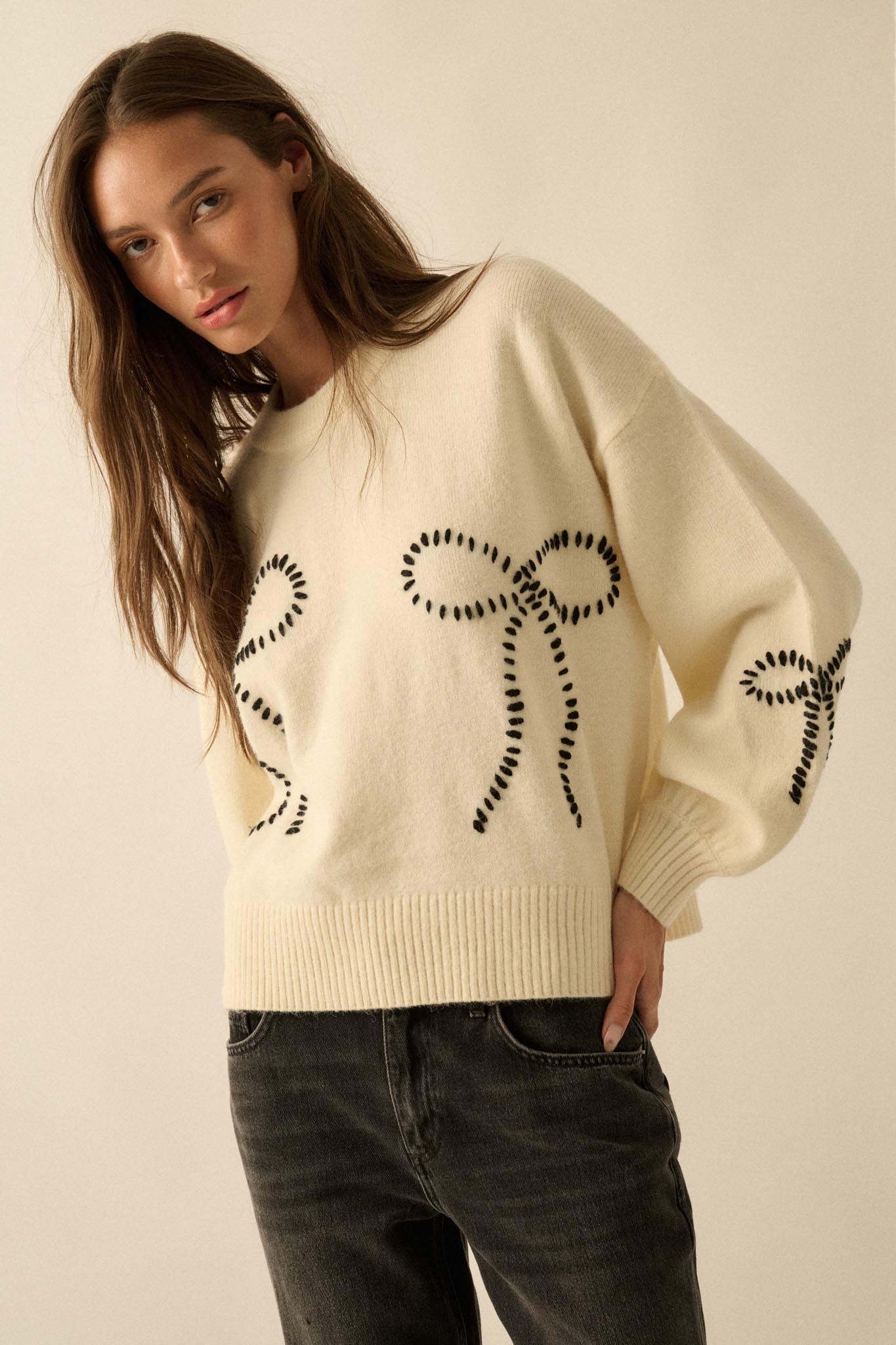 Promise Me Bow-Embroidered Balloon-Sleeve Sweater - ShopPromesa