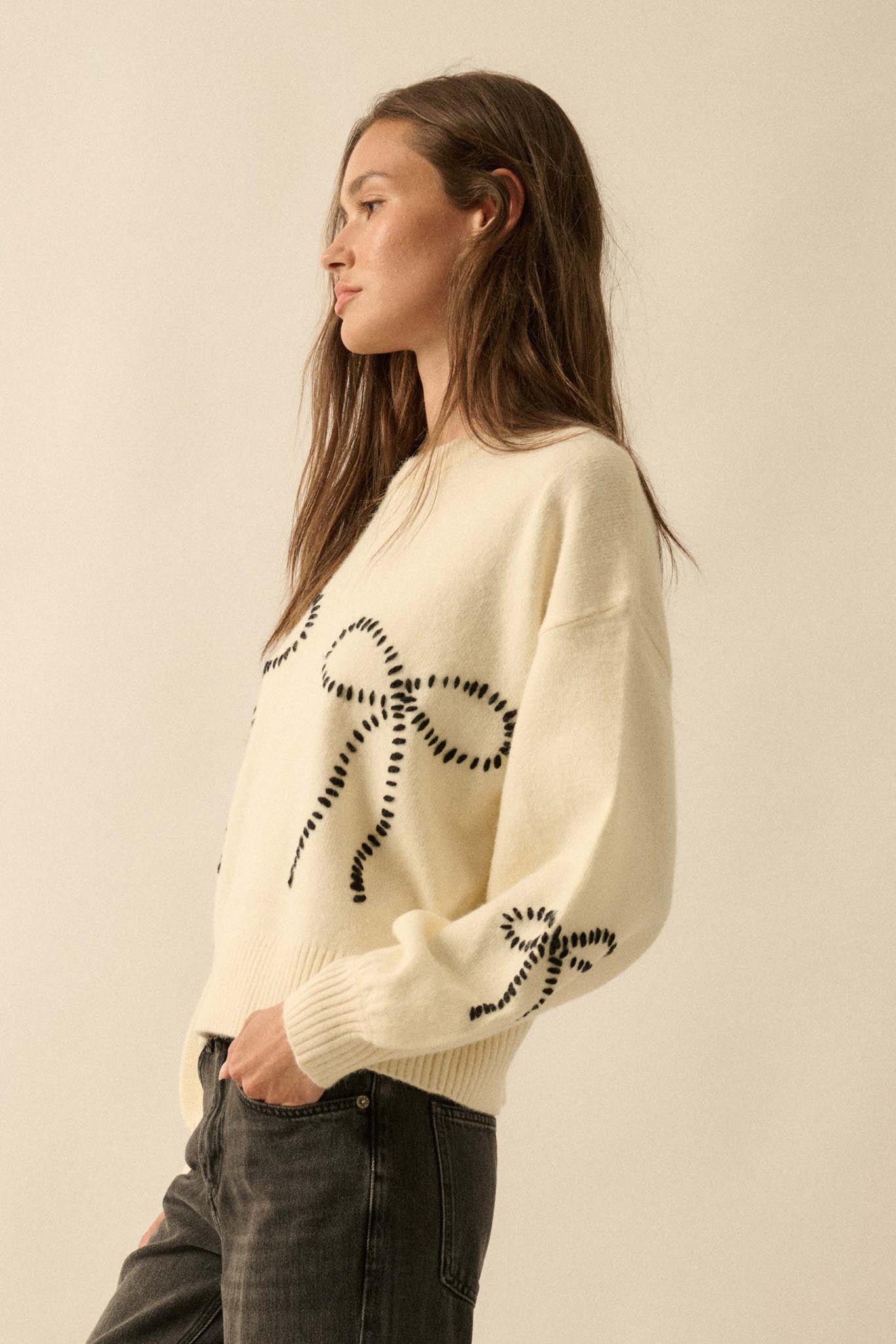 Promise Me Bow-Embroidered Balloon-Sleeve Sweater - ShopPromesa